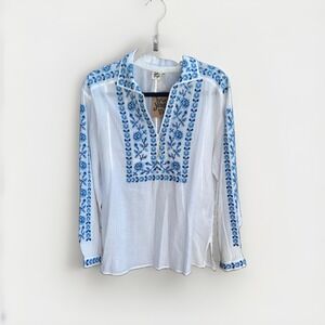 Ivy Jane Crosstitched Blues White Cotton Embroidered Boho Blouse Top 153580M M